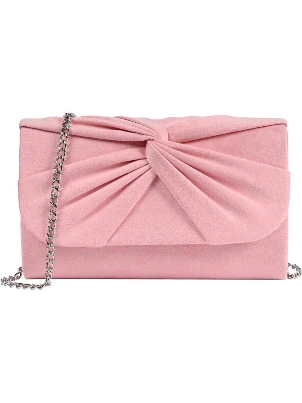 Women's Pink Faux Suede Pleated Bow Clutch Purse For With Strap Evening Bag